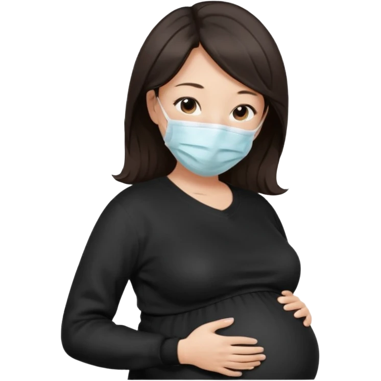 a pregrant chinese lady with dark brown hair? Hair lengt above shoulder, wearing medical face mask, i wanna see the pregnant belly with black sweater emoji