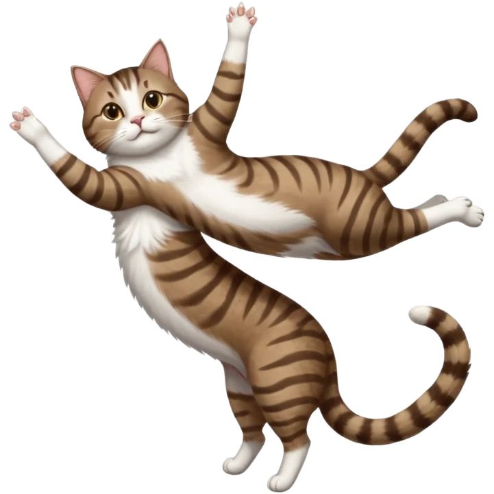 dark brown tabby and white cat with doing a big extremely long stretch reaching up into the air with arms and legs side by side together straight and overextended whilst lying on its side emoji