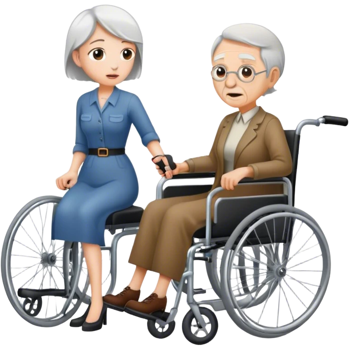 Woman with a knife in one hand, pushing with the other a wheelchair with an old man emoji