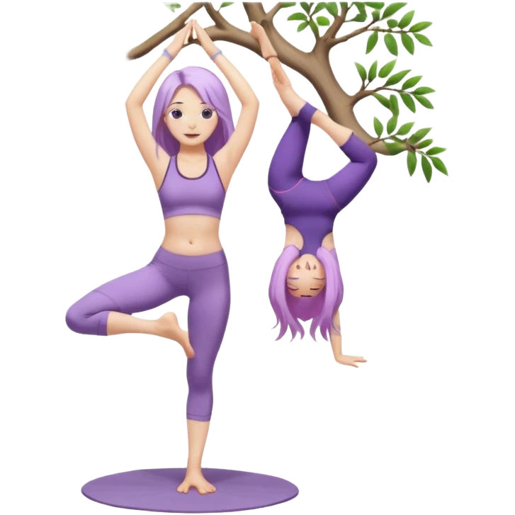 Девушка белокожая, с длинными светло-фиолетовыми волосами, в одежде для йоги, стоит в позе дерева на одной ноге, вторая нога согнута, руки вверху ладонь к ладони, в стиле бимбо пилатес, без лишних конечностей, без деревьев на фоне emoji