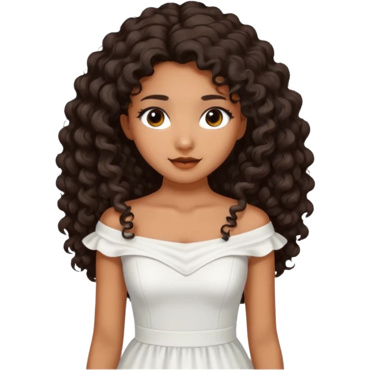 Dark tanned skin girl with very dark brown very big long curly hair, very dark Asian eyes, white dress at boatneck neckline   emoji