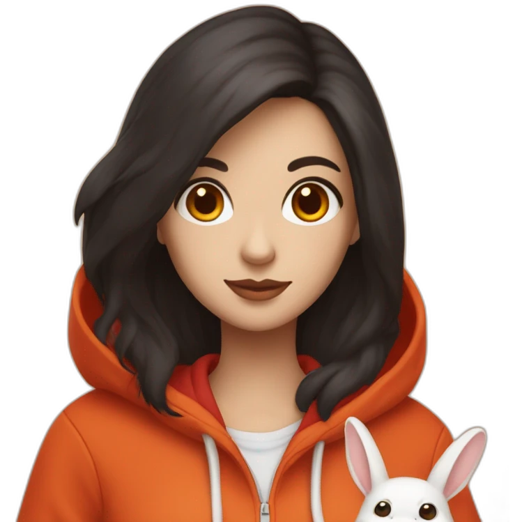 woman with white skin with brown eyes and long wavy black hair in a red hoodie is holding a very fluffy orange rabbit emoji