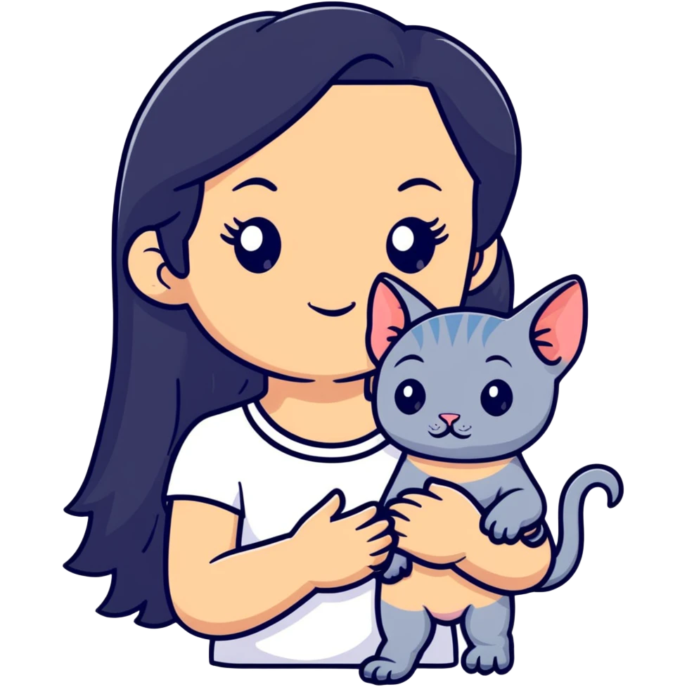 beautiful girl with long black hair holding a hairless sphinx cat emoji