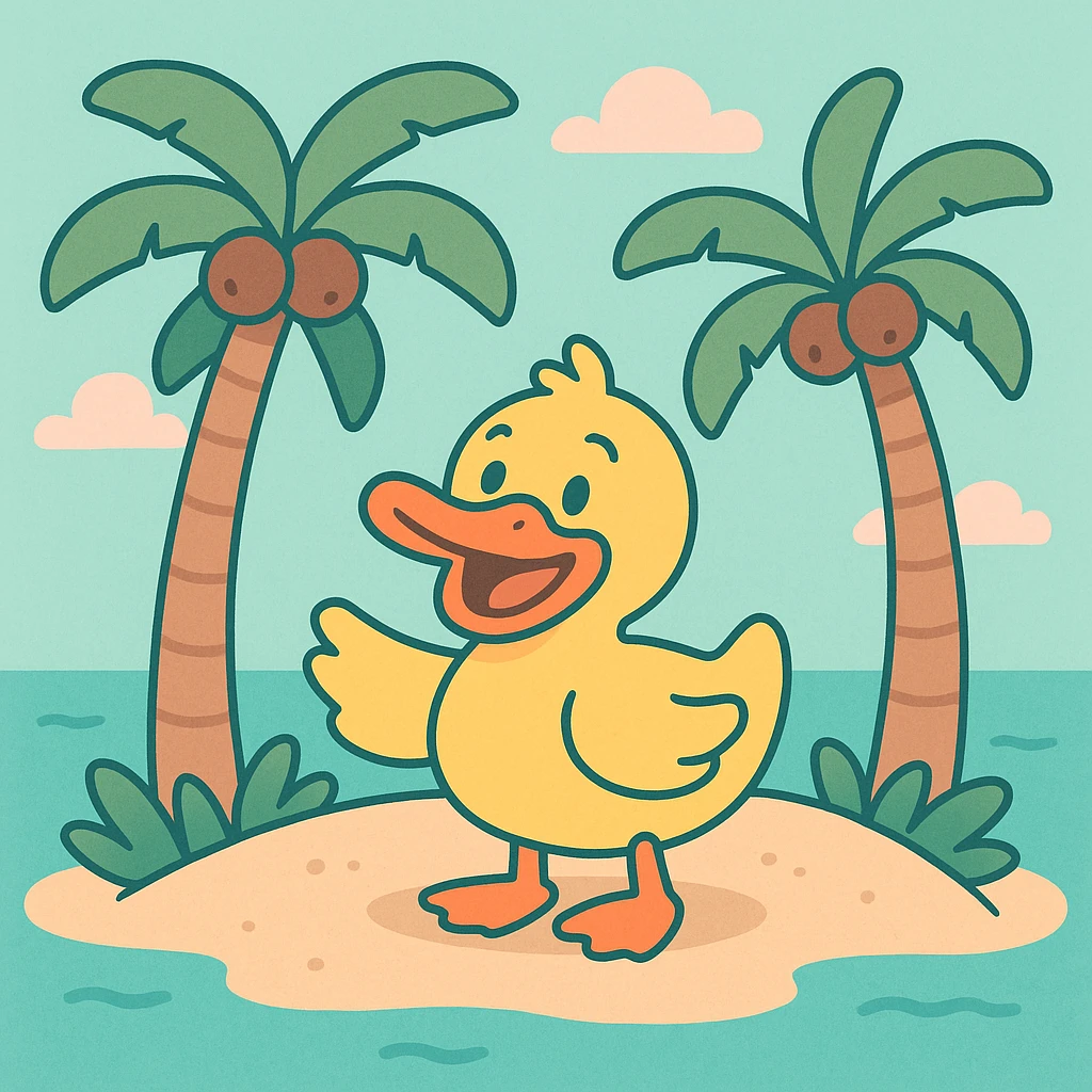 cartoon duck on a tropical island with two coconut trees, pastel colors, soft shading, pastel toon style emoji