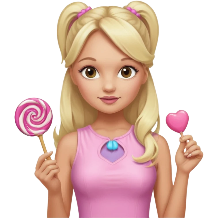 Emma Bunton with long blonde ponytails wearing light pink bodycon dress holding a lollipop emoji