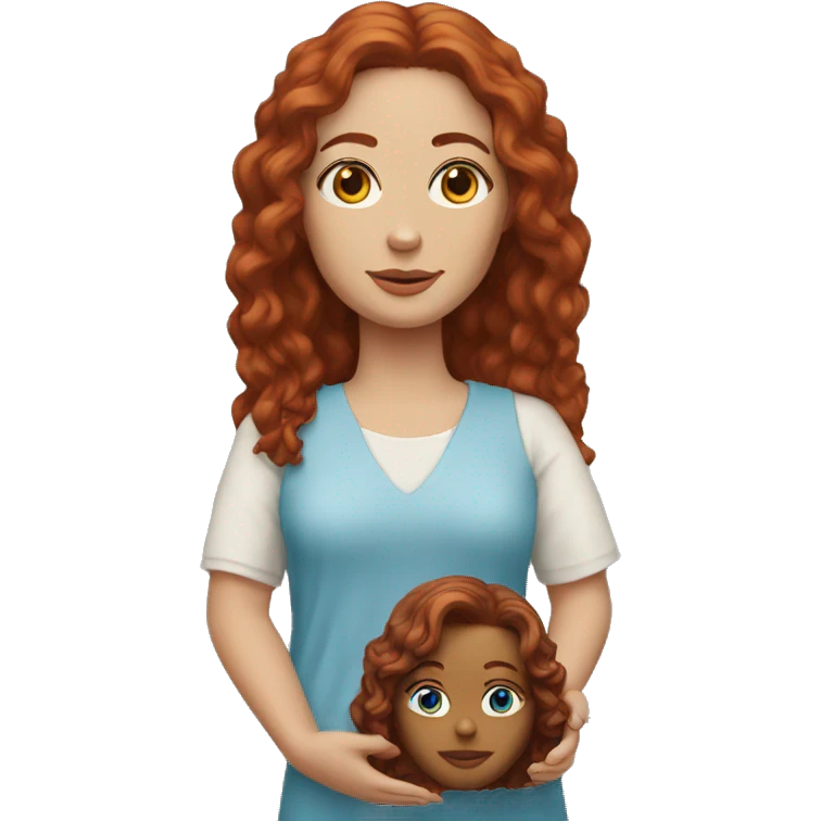an auburn haired woman with blue eyes with a jesus doll emoji