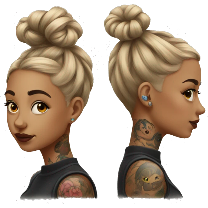 Tattooed girl with space buns and side bang emoji