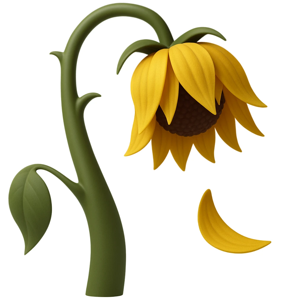 Replace the red rose with a wilted yellow sunflower, keeping the same frame, pose, and style as the original image. The stem and leaf remain unchanged. The flower head should be a sunflower with yellow petals and a brown center. The fallen petal should also be yellow, matching the sunflower. Maintain the original style and composition as closely as possible. emoji
