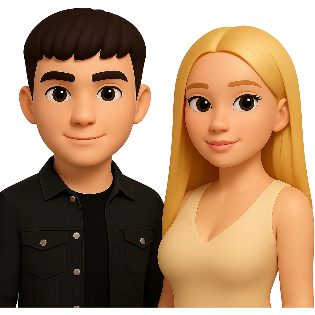 Slightly increase the volume of the upper body of the girl, separate the girl and the boy from each other, make the skin color the same for both. Maintain the cartoonish 3D style and keep the background transparent. emoji