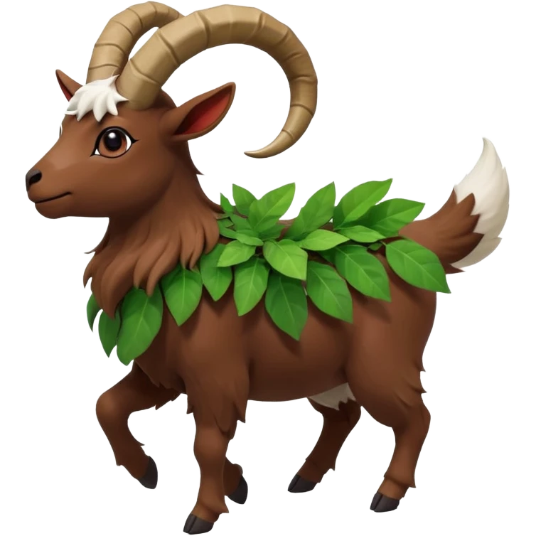 A kid riding on gogoat the quadrupedal, goat-like Pokémon with a brown, furry body and a leafy, green mane that extends down its back. It has large, black, curved horns, white fur on its face, a black nose, and red eyes. Its legs are shorter and lighter in color around the feet, back emoji