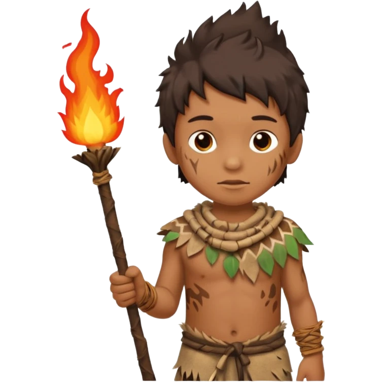 ancient boy, tattered animal skin cloth, hold fire stick emoji