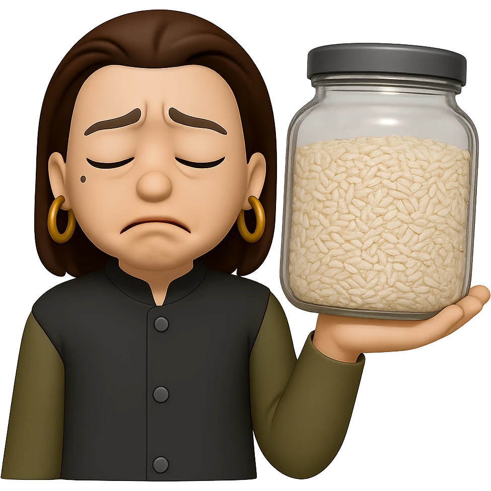 add a heavy glass jar filled with rice on her hand and change her facial expression to look tired from holding the heavy jar, keep the brown dress, golden earring rings, and no background in the same style emoji