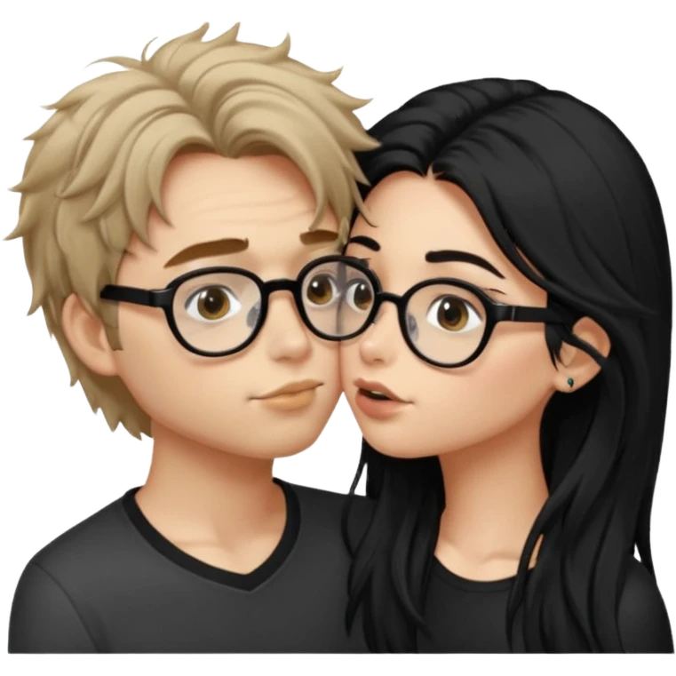  garçon avec les cheveux brun très clair ébouriffés, qui embrasse une fille avec les cheveux noir long qui a des traits d’eye-liner, des lunettes noir et un piercing au nez emoji
