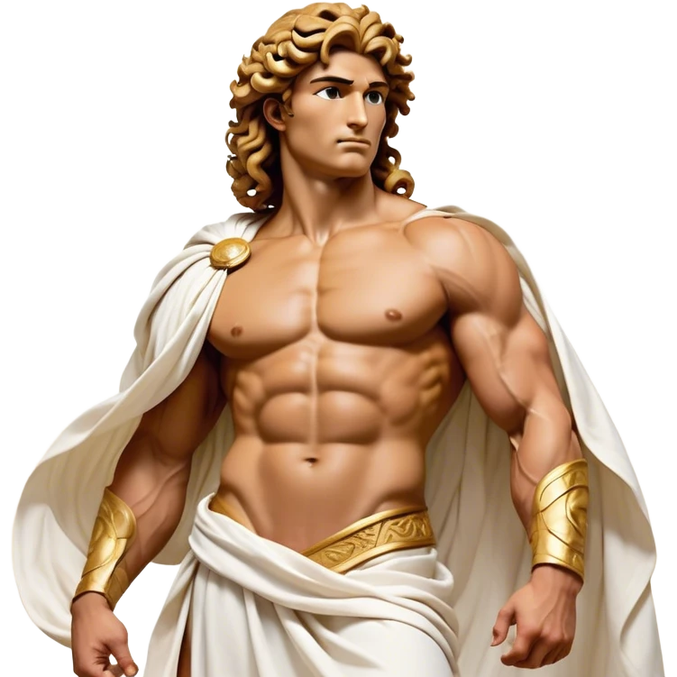 Cinematic Realistic Hercules Portrait, depicted as a classical Greek hero merging the fierce masculinity of Hercules with the refined face of Michelangelo's David. His light tan, chiseled skin glows with timeless strength, and his thick, curly, golden brown hair cascades in natural, sculpted curls reminiscent of a warrior’s mane. Draped in a flowing white robe with delicate golden accents and crowned with a traditional Greek laurel wreath, his intense, determined eyes exude noble might, all rendered under dynamic natural lighting with a mythic, radiant glow. emoji