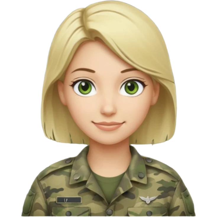Apple-style emoji: female soldier, bust, no cap/helmet, friendly smile, generic camo top, blonde hair emoji