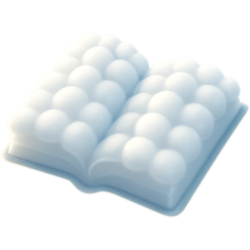 top view of a thick open book made entirely of small, very bright white fluffy convex clouds, matte glass style emoji
