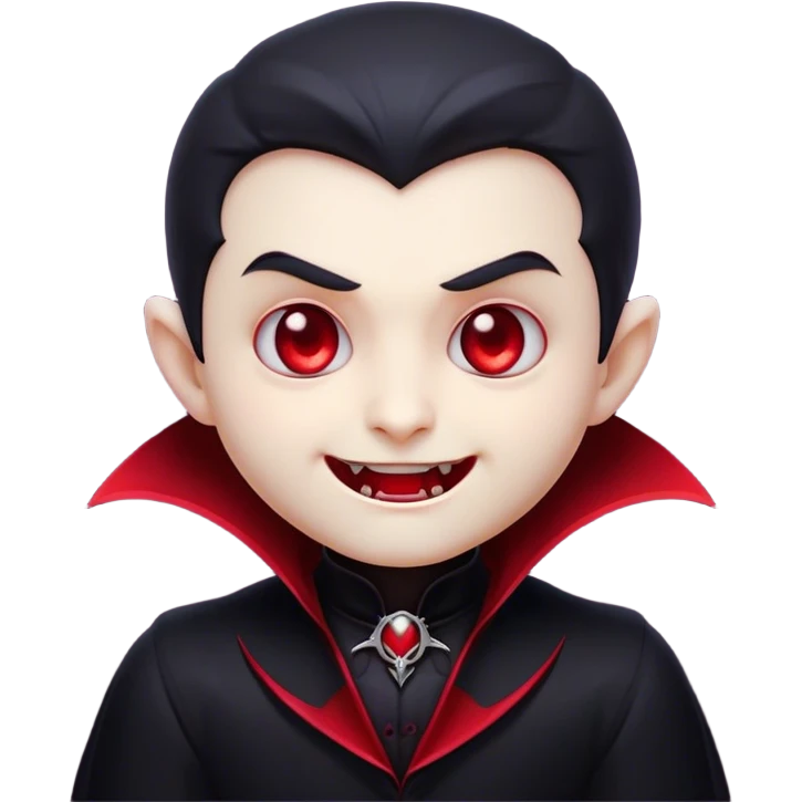 Cinematic Cute Vampire Portrait Emoji, with a refined yet playful small, rounded pale face accented by tiny, cute fangs and bright, twinkling eyes, sporting miniature elegant dark attire with a hint of crimson, simplified yet irresistibly charming, highly detailed with a soft glowing outline that captures the delightful duality of spooky sweetness and stylish allure! emoji