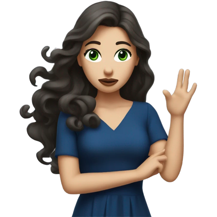 a brunette with long hair and green eyes and in a dark blue dress sends an air kiss emoji