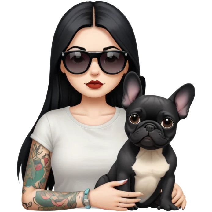 girl with long black  straight hair and tattoos and Wearing sunglasses and a black French bulldog emoji