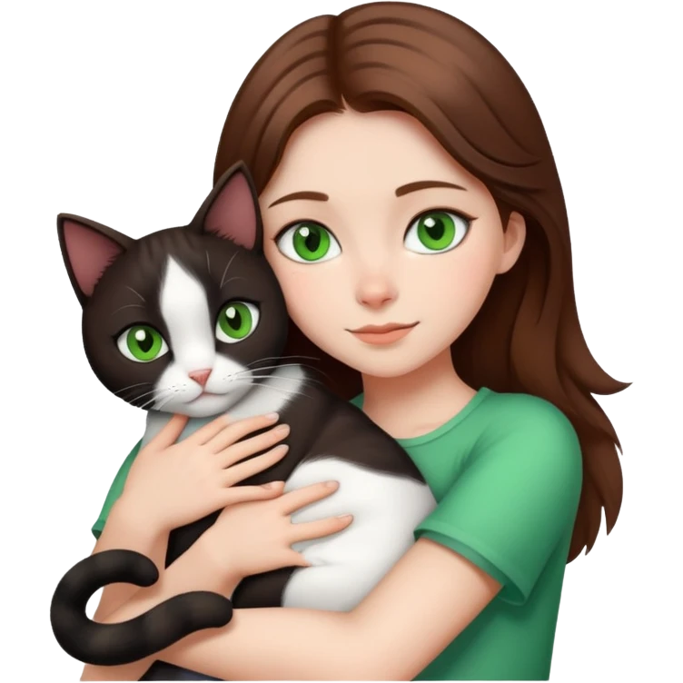 Girl with brown hair and green eyes hugging a black and white cat emoji