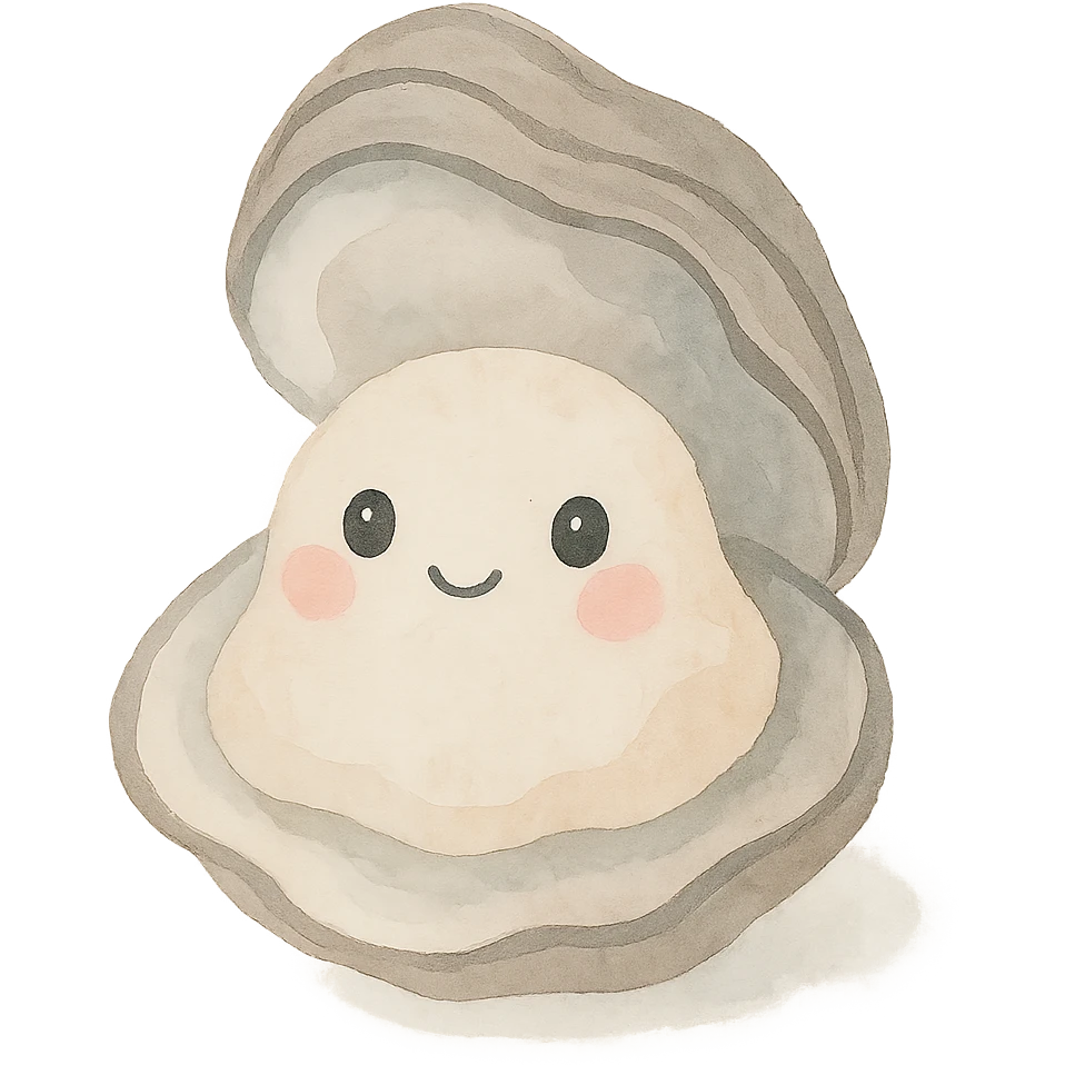 cute oyster, cream color, pink cheeks, doe eyes, greige shell, watercolor art style emoji