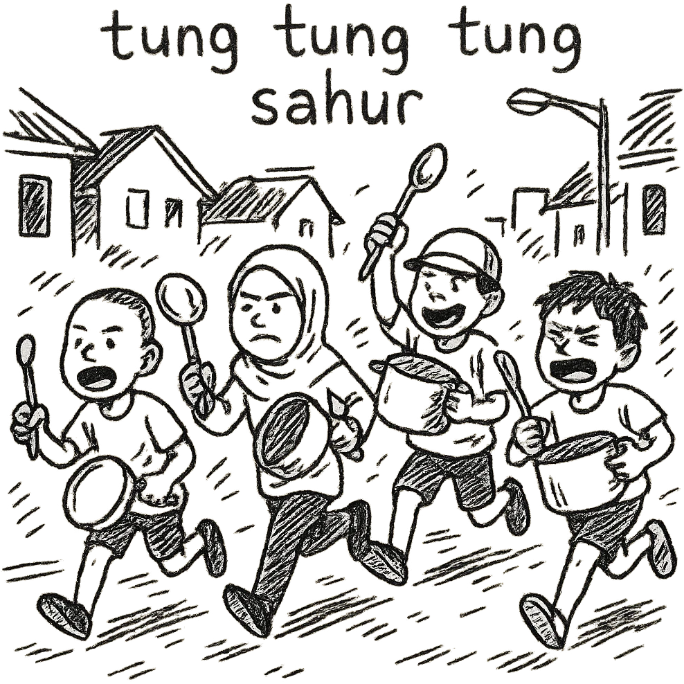 group of kids running through the street, banging pots and pans, with the text 'tung tung tung sahur', playful meme style emoji