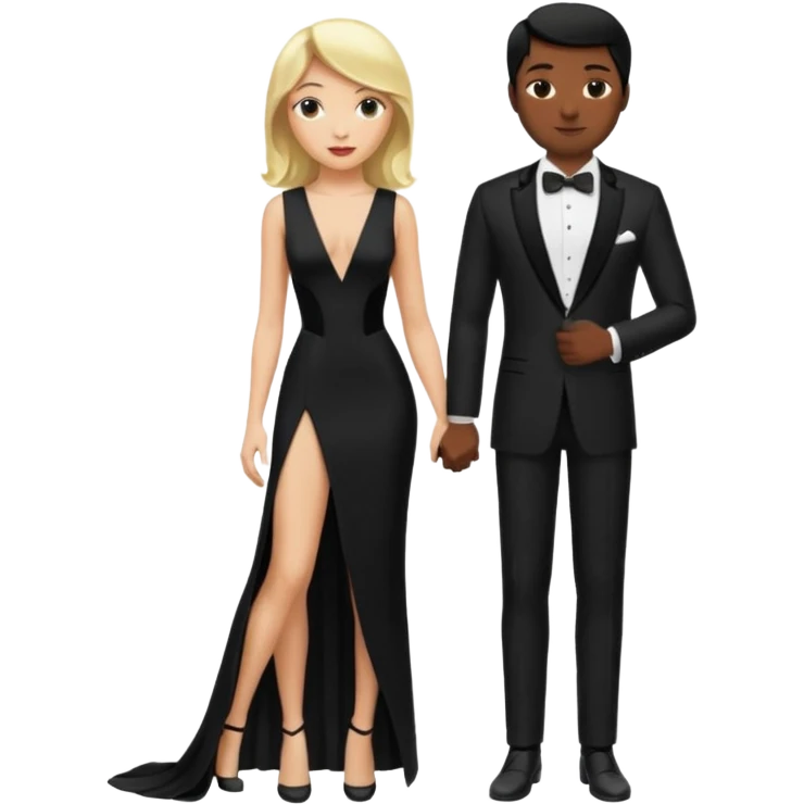 Blonde woman, black, Long, tight, sleveless Dress, Slot left Leg, man, black Hair, in Dinner jacket emoji