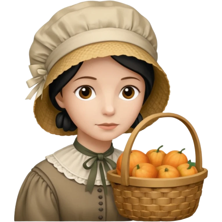 Thoughtfut emily dickinson with baskwt on her ar. emoji