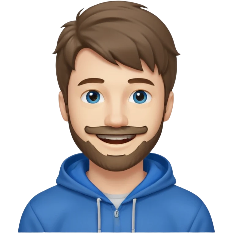 25 year old man, short scruffy beard and thin moustache, brown puffy mullet, blue eyes, big smile, white teeth, big lips, pronounced jaw, hair longer in back, sticking up on top, thin face, grey hooded sweatshirt, pale skin, big smile, blue eyes emoji