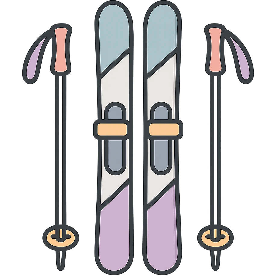 cross-country skis standing upright with poles on the sides with visible hand straps, detailed shading, thin clean outlines, soft rounded features, pastel palette #98B5BC #B5B3C1 #C9A3C9 #E4C0CA #F7DCD1 #F7C0AA, Japanese pop art, sticker look, highly detailed, vector clarity, soft lighting, subtle shadows, transparent background emoji