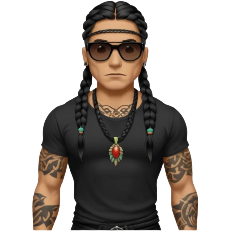 Native American/Spanish male. 
Untucked loose fitting black t-shirt. 
long black braided hair.
very muscular.
Even More tattoos. 
Tough and menacing.
Dark black square sunglasses. emoji