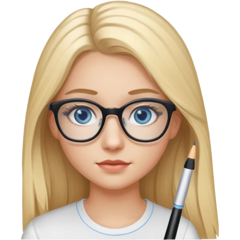 Fille 20ans qui a des cheveux long et blond  avec des lunettes et des yeux bleu- gris avec du mascara sur les yeux et un haut blanc emoji