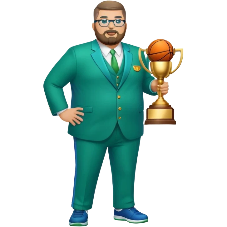 full body white obese male basketball coach with trophy. Goatee beard , Wearing glasses and blue and green suit emoji
