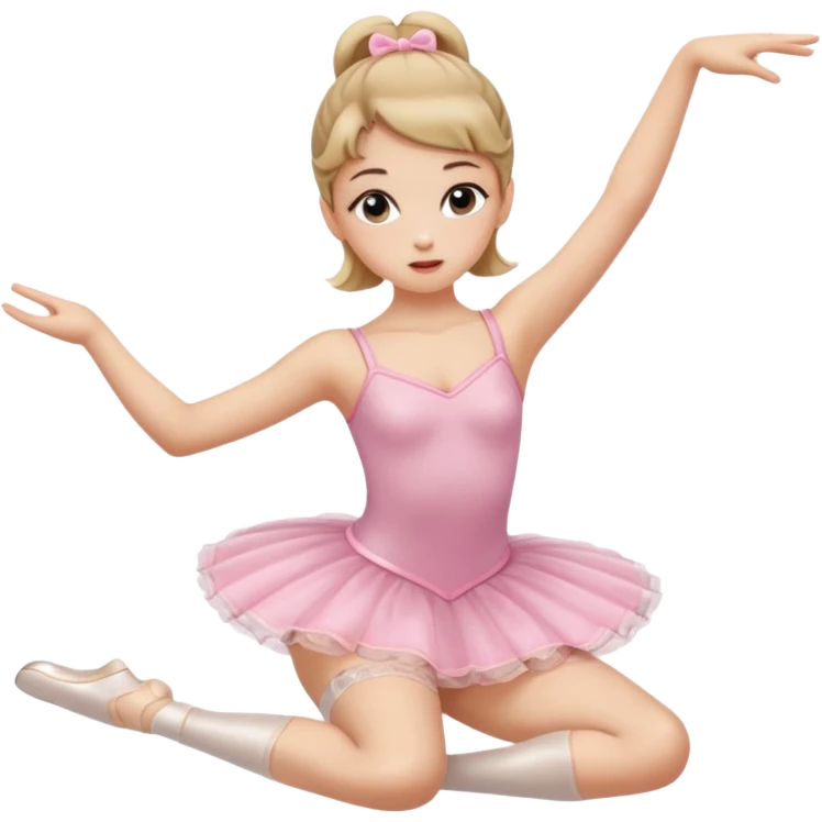 Una chica con vestuario de bailarina con las piernas flexionadas, el dedo índice en la boca, el tren superior inclinado hacia la izquierda y con la cadera proyectada hacia la izquierda emoji