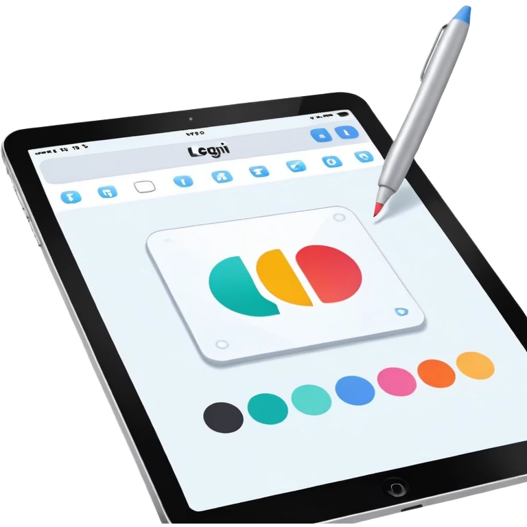 digital screen showing a basic logo being edited, with vector handles and a color palette emoji
