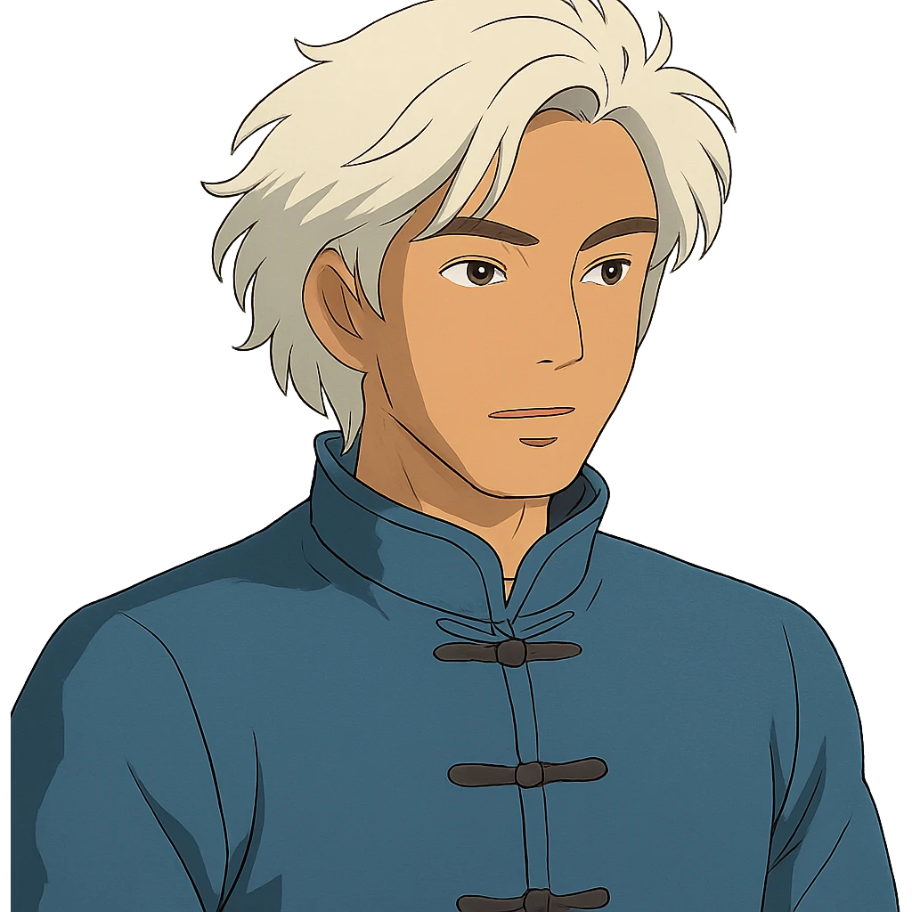 white haired handsome Chinese man in ghibli style, detailed and expressive emoji