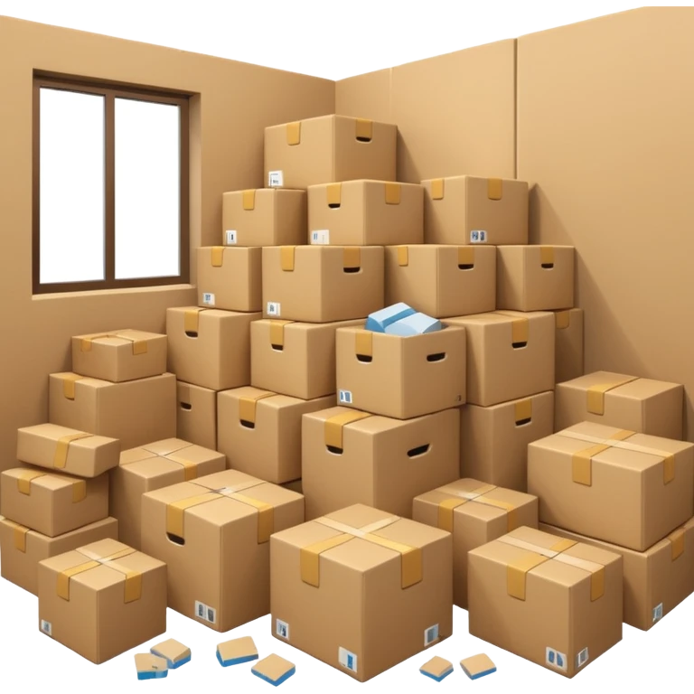 Generate a realistic emoji-style of a overfilled storage room where the packages dont have much space and everything seems chaotic emoji