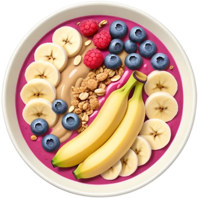 smoothie bowl with bananas, raspberries, blueberries, granola and peanut butter emoji