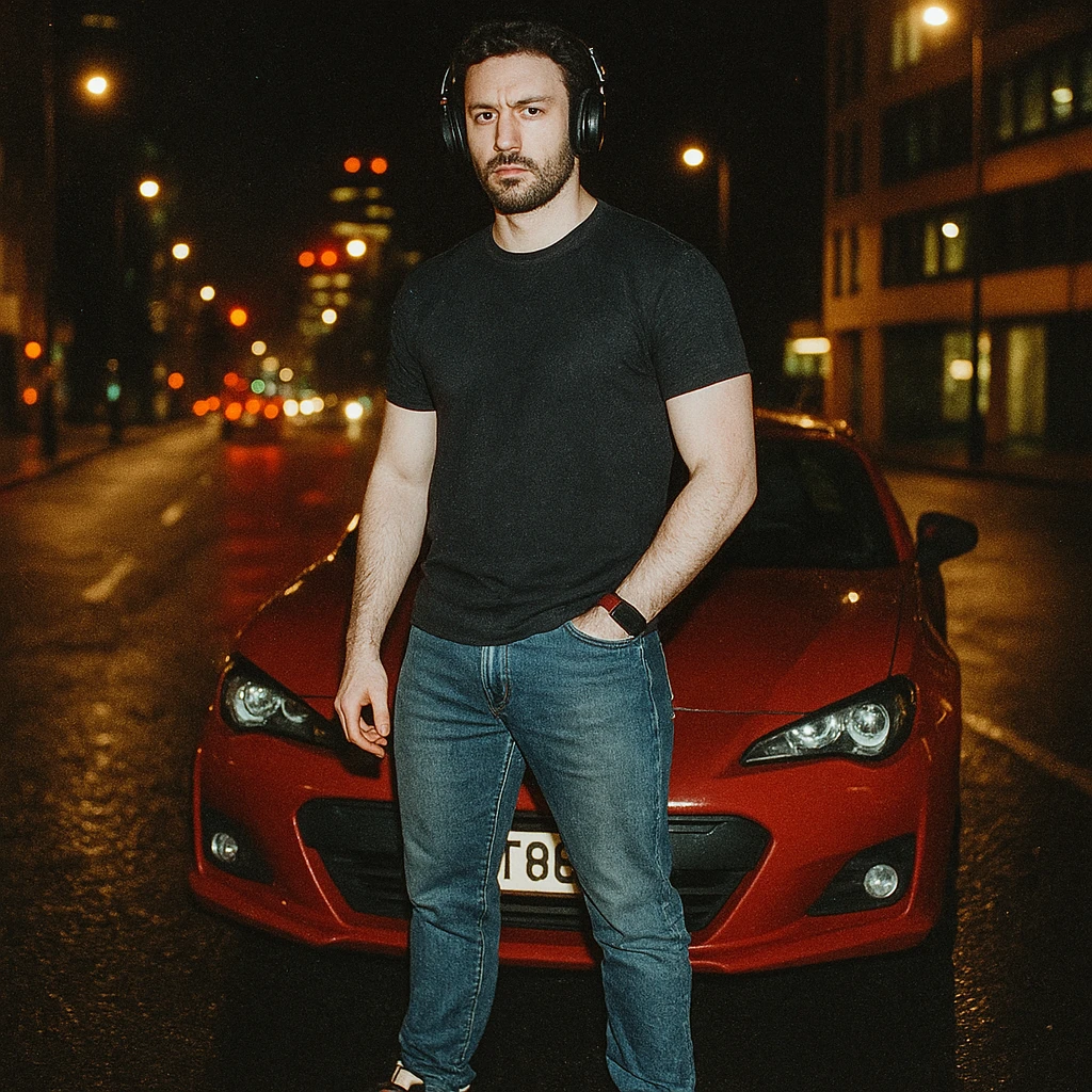 Grunge-style analog photo, London 2025, person inspired by the reference image standing in front of a Nissan GT 86, model pose, black t-shirt, jeans, Nike Air Jordan low, using flash, city lights, analog grain, 8/8. emoji