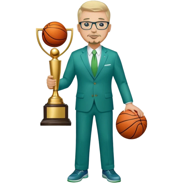 Full Body white male plus size wearing glasses with a goatee with light blonde and gray very short hair happy basketball head Coach in blue and green suit holding trophy emoji