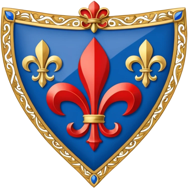 medieval heraldic blason with blue background, three golden fleurs-de-lis arranged in a triangle, blue, white, red composition, finely detailed emoji