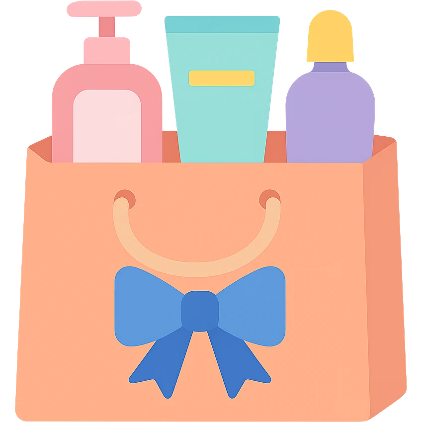 Gift bag with beauty products (shampoo, creams, styling products), a gift bag is beautyful open box full of luxury brand-labeled beauty products emoji