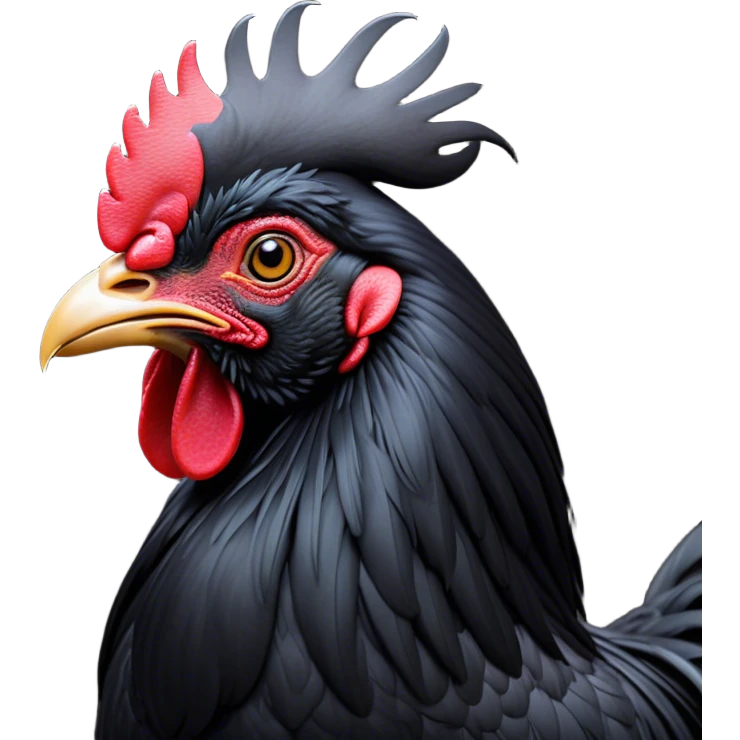 Cinematic Noble Black Rooster Portrait Emoji, Poised and regal, with a robust, commanding build and a sleek, well-groomed pure black plumage, deep-set soulful piercing eyes, Simplified yet sharp and sophisticated features, highly detailed, glowing with a soft, dignified glow, high shine, intelligent and proud, stylized with an air of mysterious majesty, focused and attentive, soft glowing outline, capturing the essence of a watchful and confident leader, so majestic it feels as though it could crow out of the screen with effortless authority! emoji