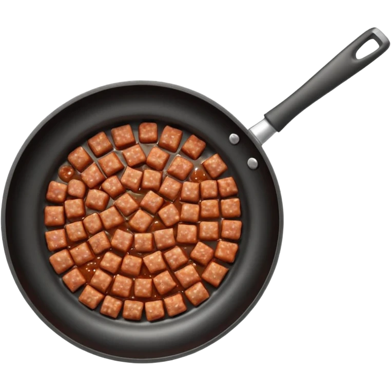 A 3D cartoon frying pan with minced meat being cooked, top view, realistic texture, Memoji-style. emoji