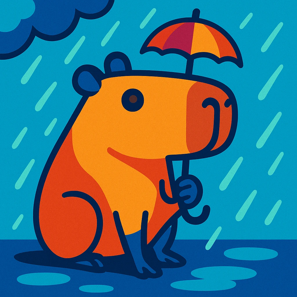 capybara holding a tiny umbrella in the rain, style 3, vibrant toon style emoji