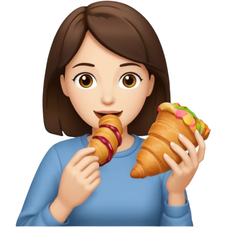 brunette woman eating croissant emoji