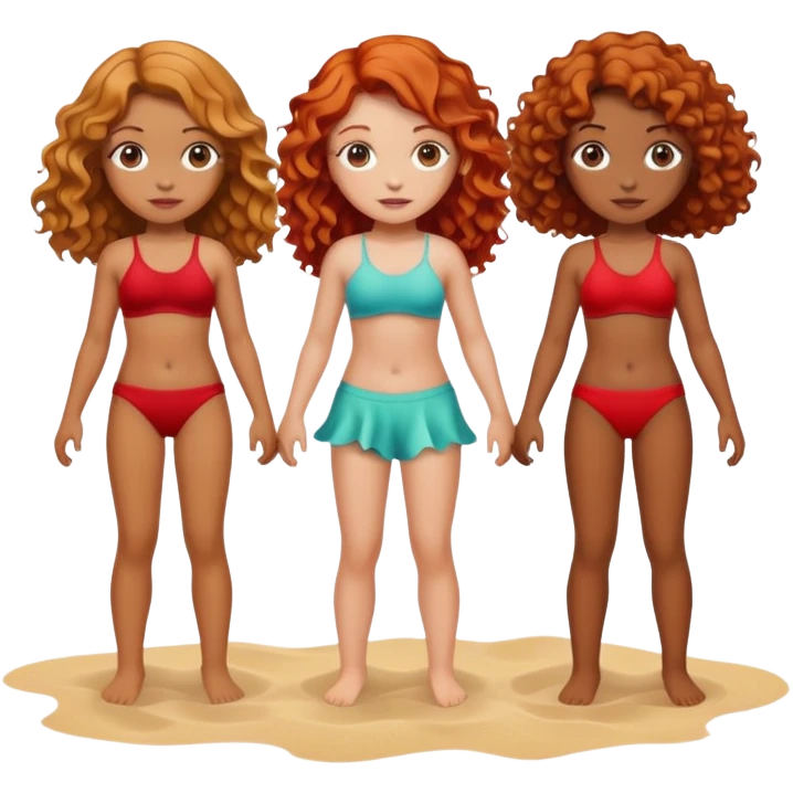 Four girls on the beach, one with wavy red hair, another dark blonde, another brown and another with curly hair emoji