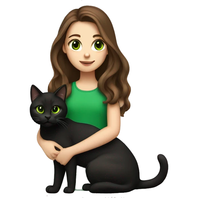 Girl with long brown hair and brown eyes holding a black green eyed cat emoji