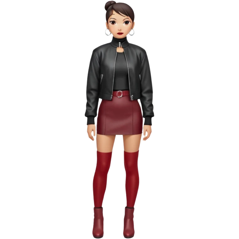 Full-body shot of an East Asian woman with a low sleek bun. Oversized black leather jacket that reaches the hips, black turtleneck, silver orb necklace. Red leather mini skirt, burgundy tights, and red long boots. Clean, fashion-editorial look. emoji