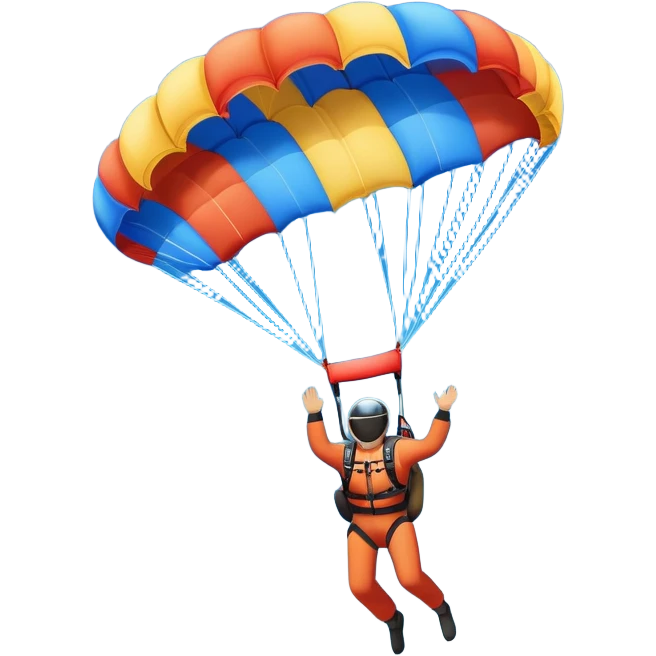 Colorful emoji. A skydiver free-falling through the sky, with a brightly colored parachute open above them. The background features a vast blue sky dotted with fluffy clouds, birds soaring nearby, and a plane flying off in the distance, emphasizing the thrill and freedom of the sport. emoji